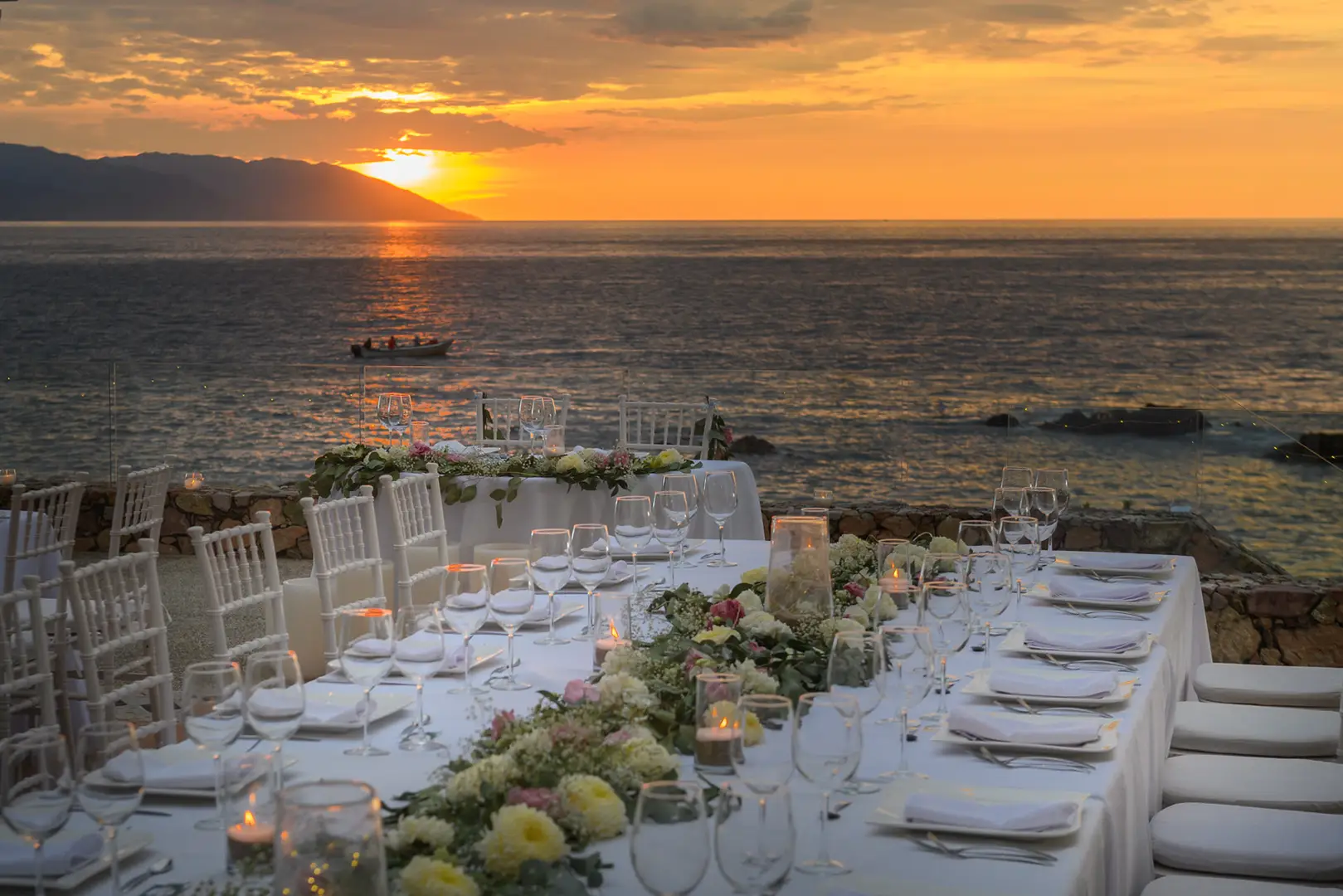Labyrinth Event Terrace at sunset, set for a wedding banquet
