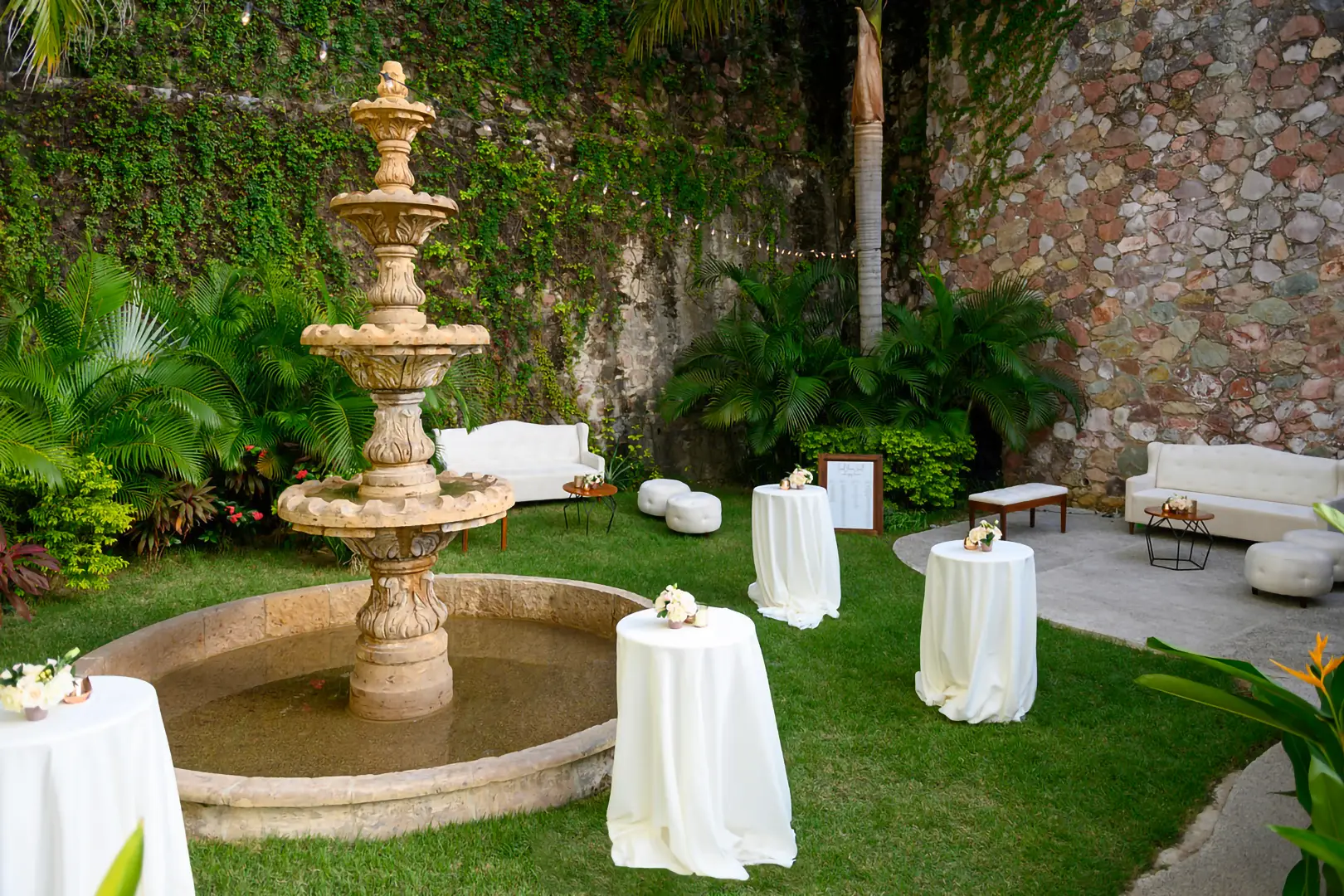 Garden Event Terrace with fountain and lounge seating